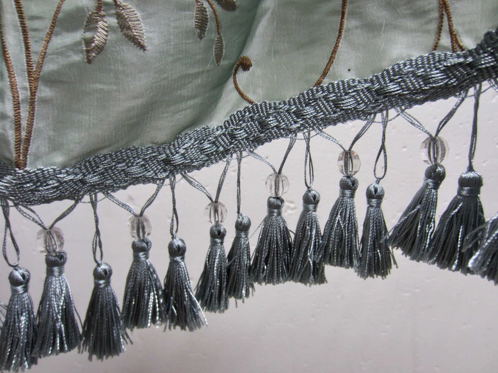 Single Poly SILK Pale Teal Embroidered Austrian Gathered Tassels Valance 56″W