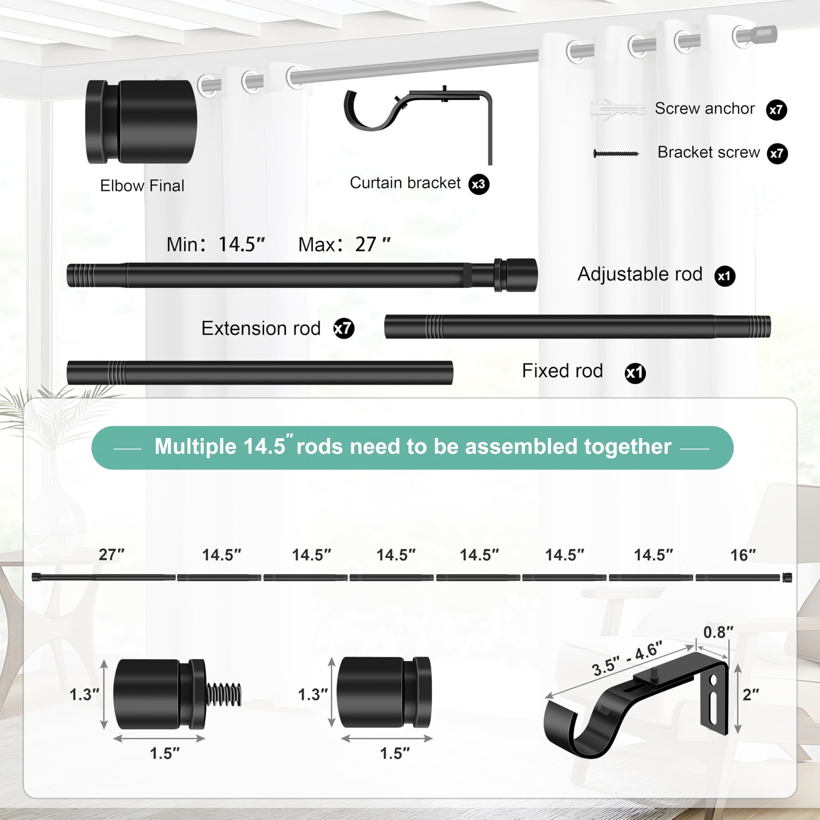 Curtain Rods Windows 32-143 Inch Max Adjustable 1 Inch Diameter Black Set