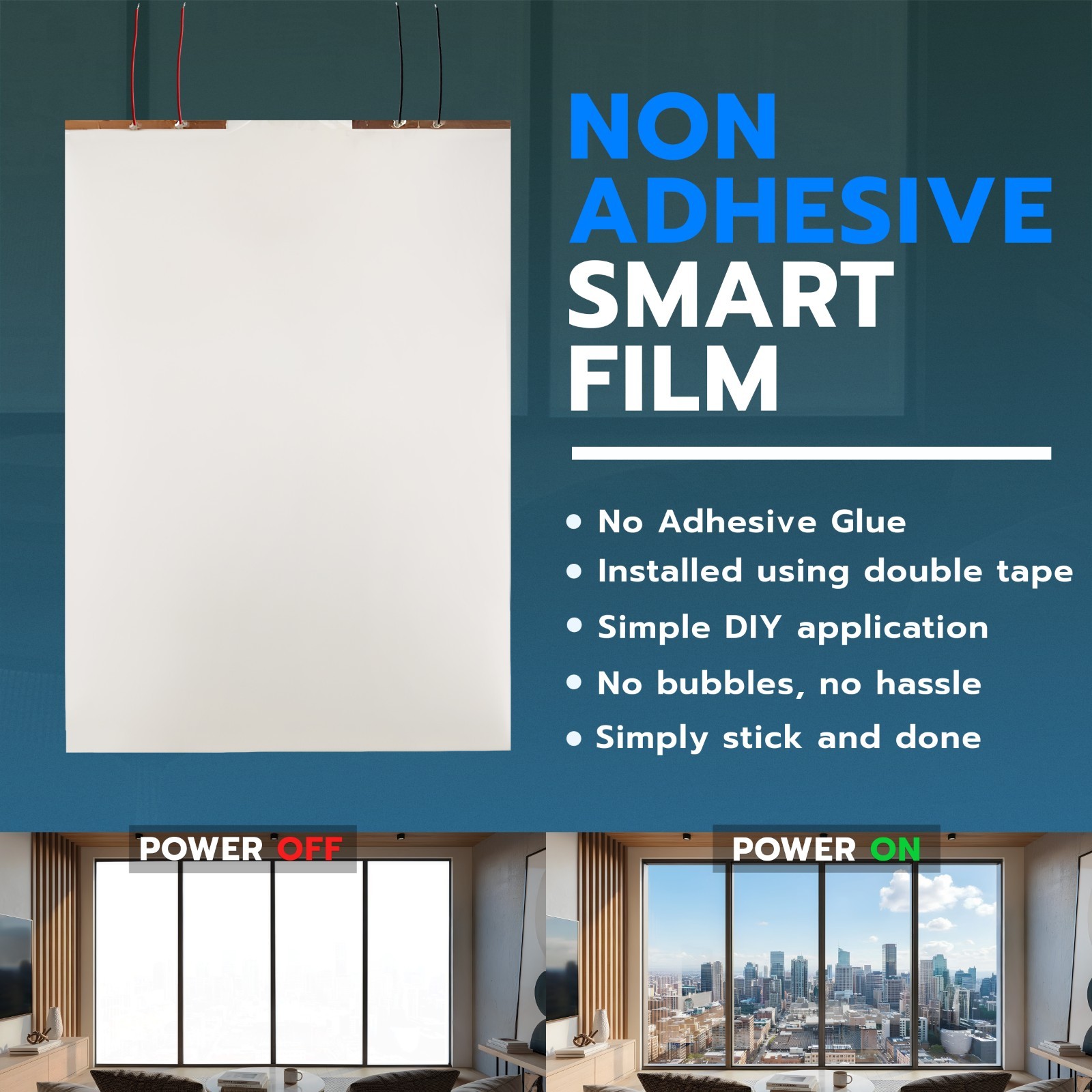 PDLC Smart Film Non Adhesive Switchable Privacy Glass UV Heat No Transformer