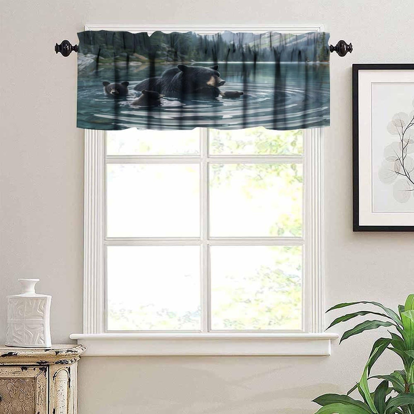 Rustic Bear Kitchen Valance Curtain Vintage Rustic Cabin Forest Nature River …
