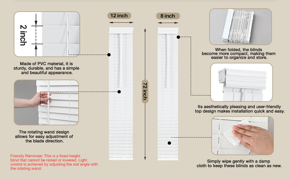 2 Pack 8.5” x 72” Cordless Sidelight Blinds 2” Horizontal White Faux Wood