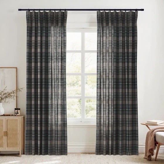 Sara Le Linen Raisin Plaid Print Pinch Pleat Curtain Unlined 26”Wx84”L