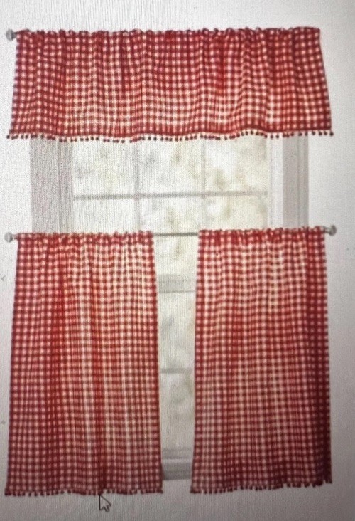The Pioneer Woman 3 Pc Curtain Valance Set Red Gingham Check Pom-Poms New