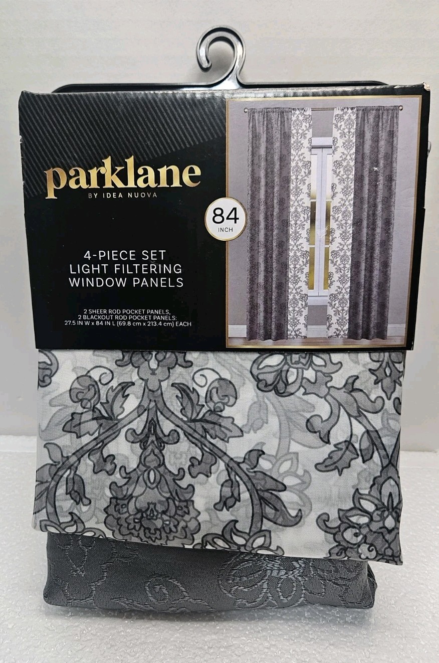 Parklane Idea Nuova 4 Piece Set Blackout Window Panels 27.5x84in Gray Floral