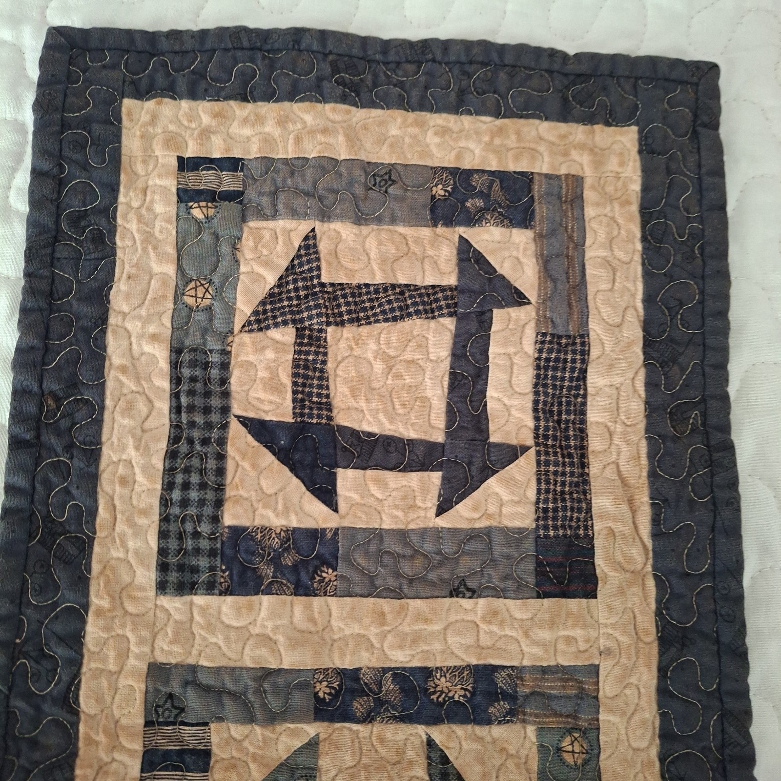 Handmade Quilted wall hanging Table Runner cottagecore navy Tan 19×8″ Patchwork