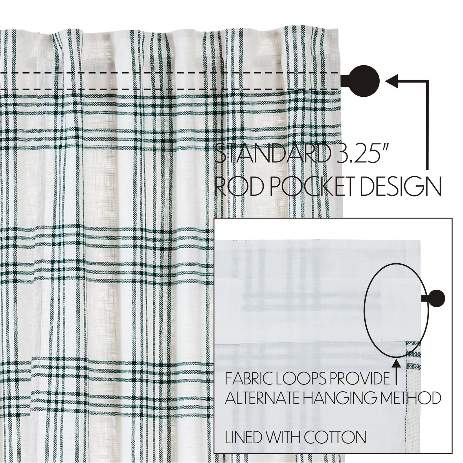 Pine Grove Plaid Green Set (1 Valance 19×72 ; 2 Tier 24×36) VHC Brands