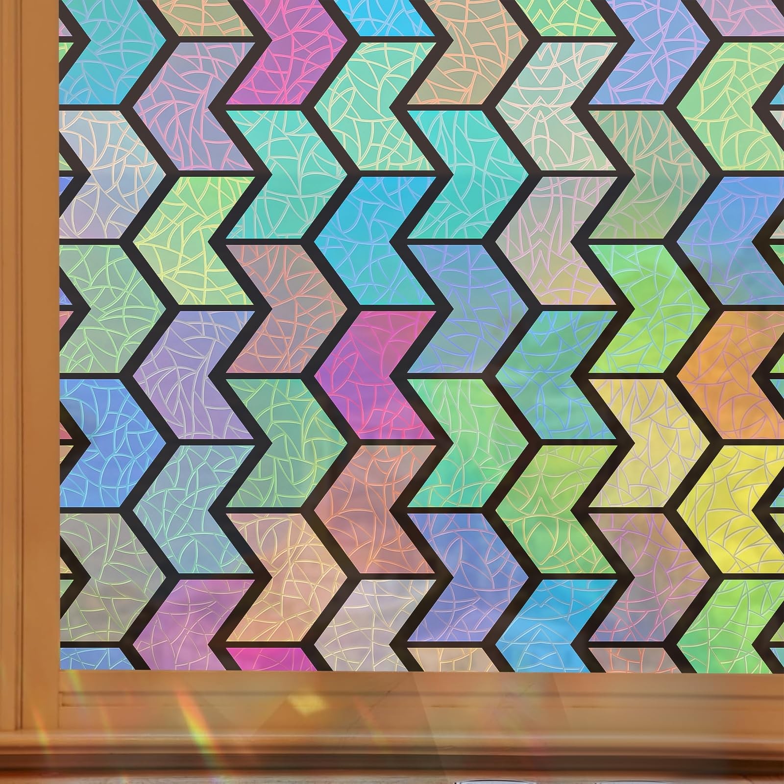 Rainbow Decorative Stained Glass Window 23.62″ x 78.7″, Colorful Geometry