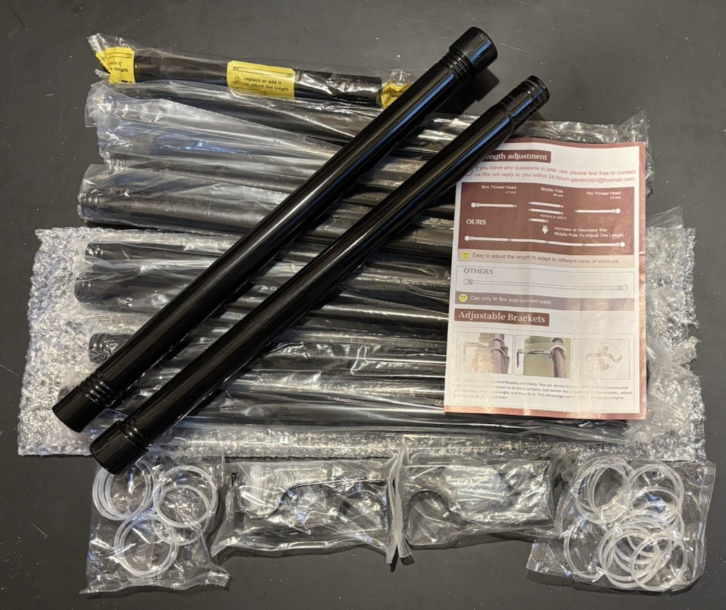 Black Curtain Rods for Windows 66 to 144 5/8 Inch with 4x Brackets