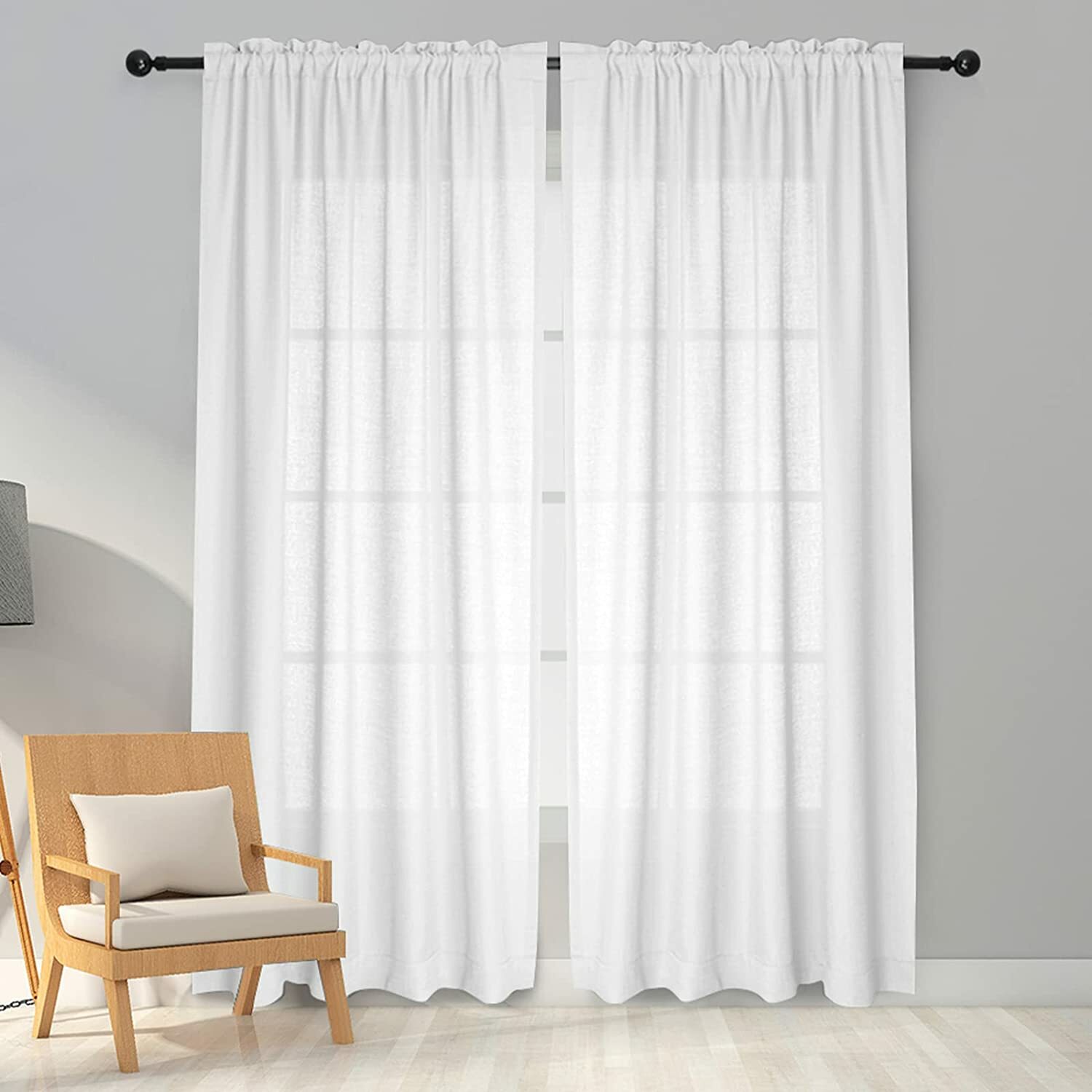 Melodieux White Semi Sheer Curtains 63 Inches Long for Living Room Linen Look…