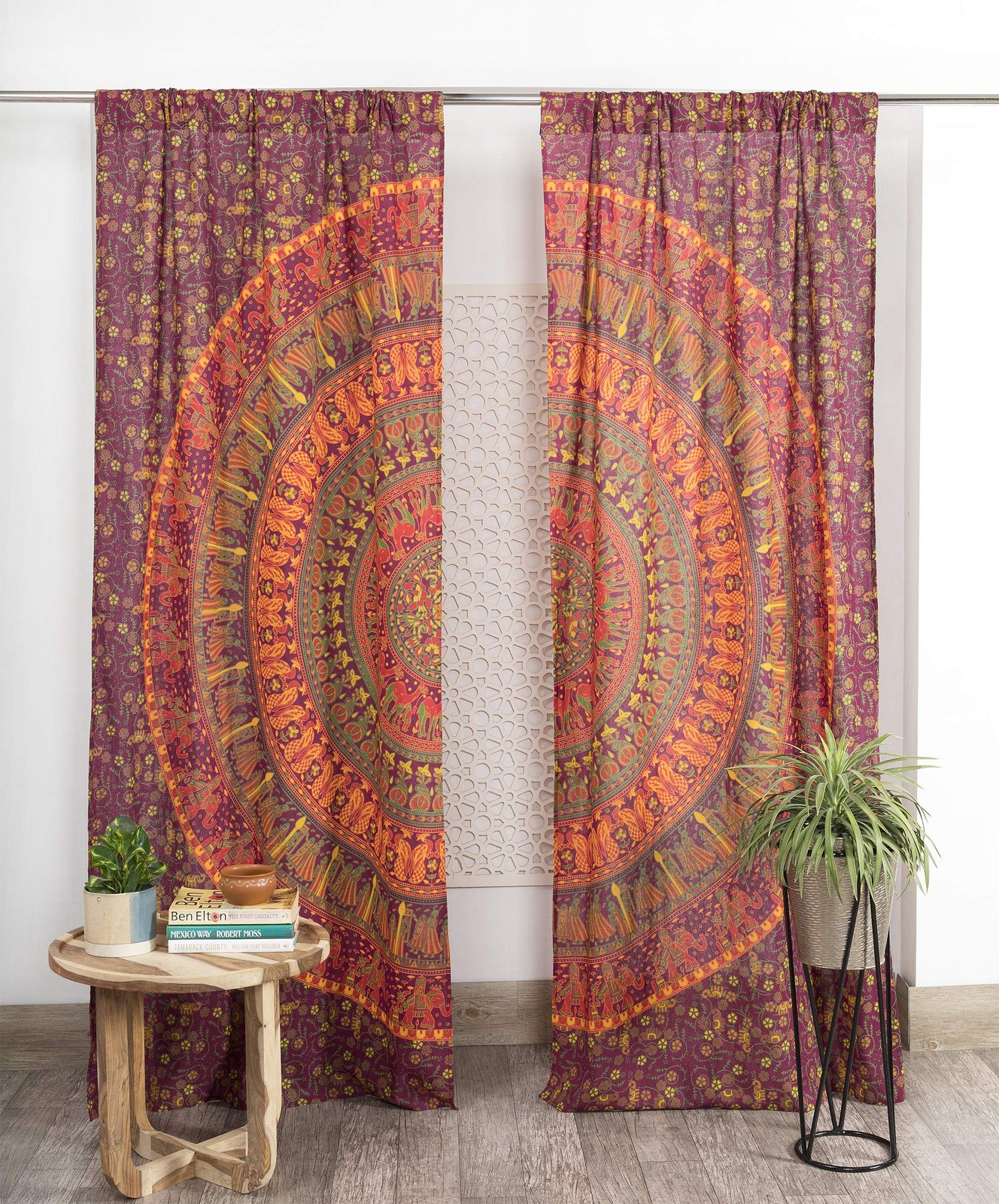 Indian Hippie Bohemian Beautiful Elephant Maroon Color Mandala Curtain Panels