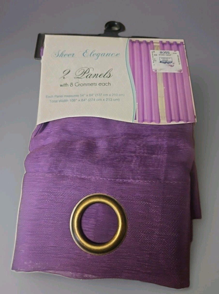 Two Plum Grommet Sheer Window Curtain Panels. 54in x 84in. Each New