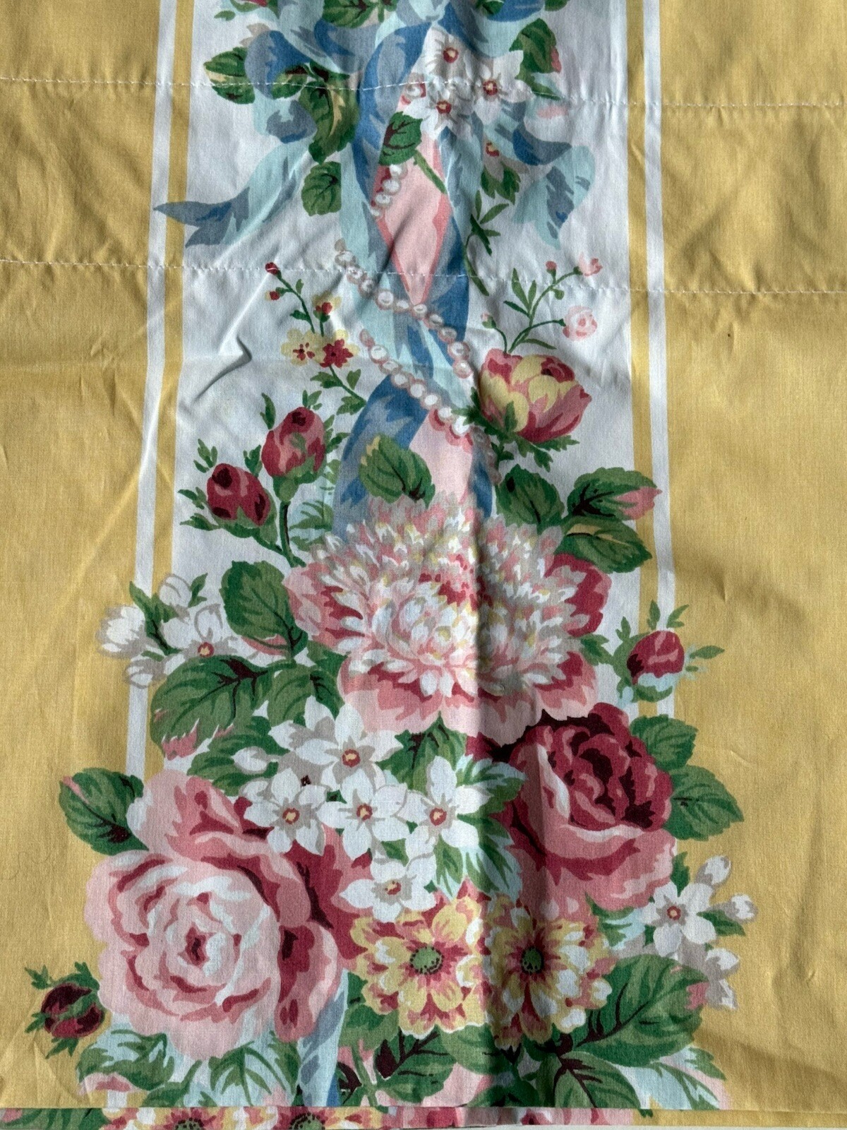 PAIR Vintage CROSCILL Home *PRINCESS YELLOW Floral VALANCES Stripe Blouson 88×17