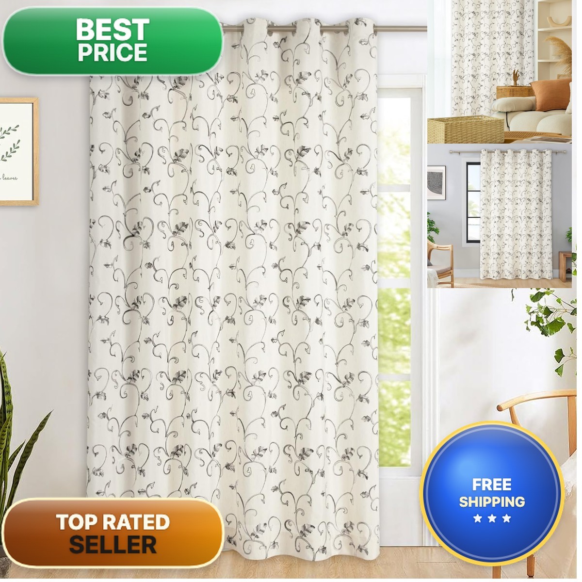 Vogol Extra Wide Grommet Curtains For Bedroom 1 Panel 84 X 84 Inches Vines