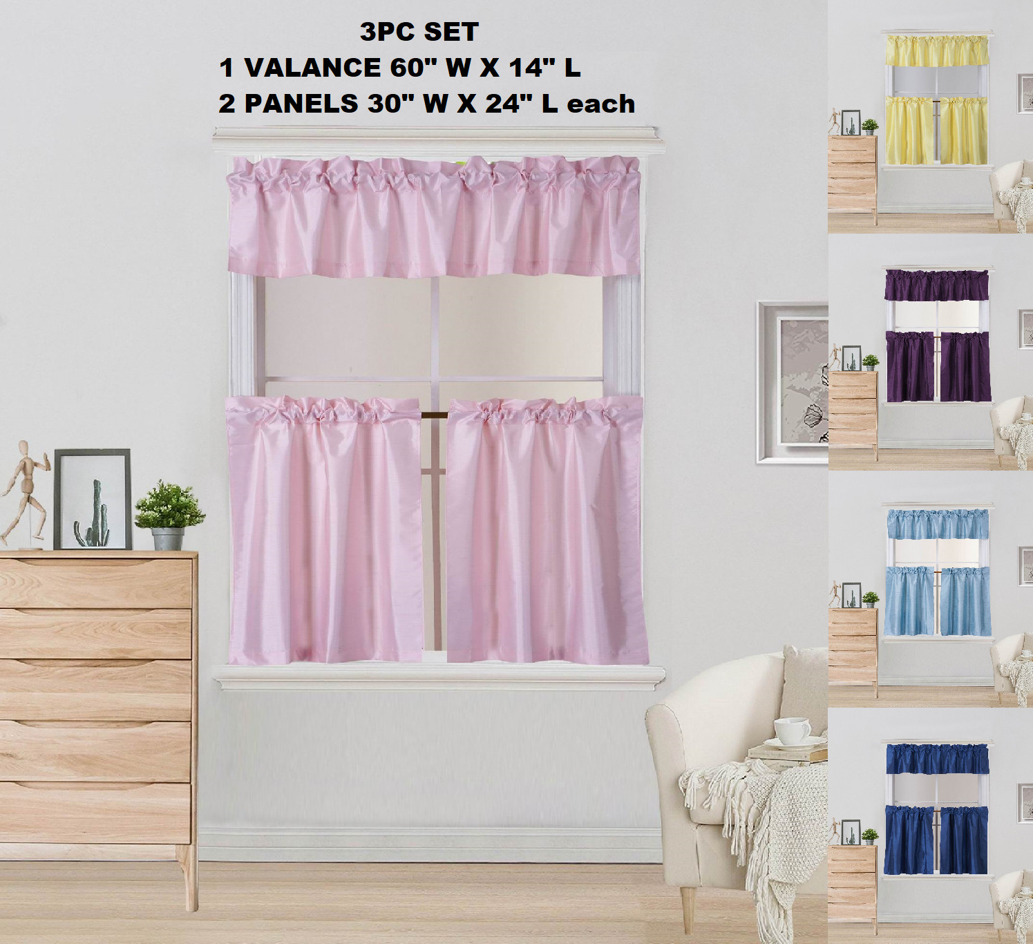 3PC SET ROD POCKET WINDOW DRESSING KITCHEN CURTAIN SOLID LINED BLACKOUT 24″ L K4