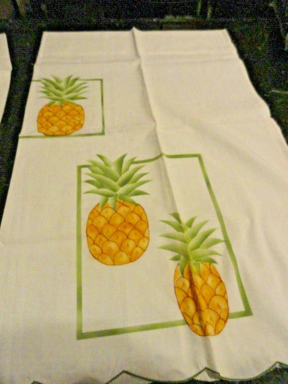 new white PINEAPPLE Tier Curtains white gold green 60″ x 24″ tropical fruit