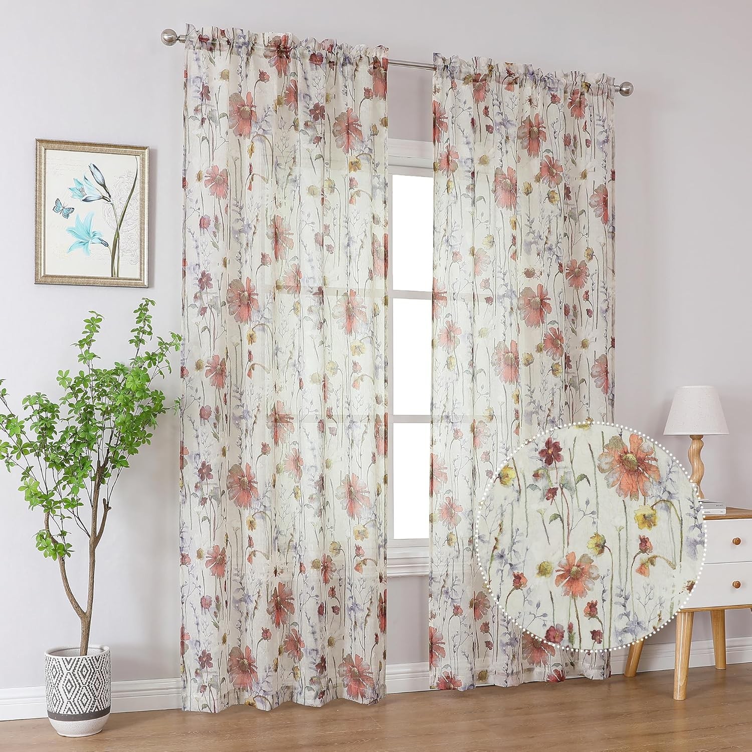 Crushed Sheer Curtains 84 Inch Length 2 Panels Set Sheer Floral Curtains Printed
