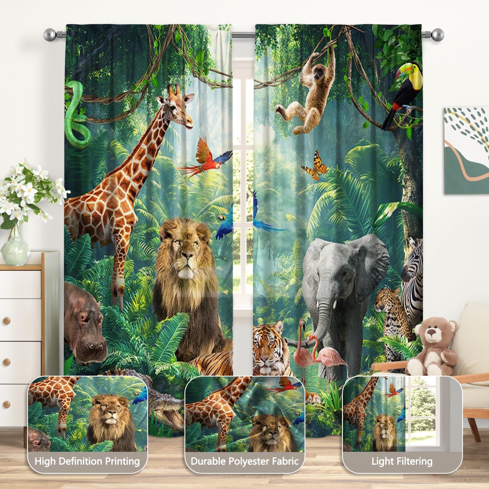 Rainforest Animals Window Curtains 52×85.5 Inch – Jungle Theme, Room Decor