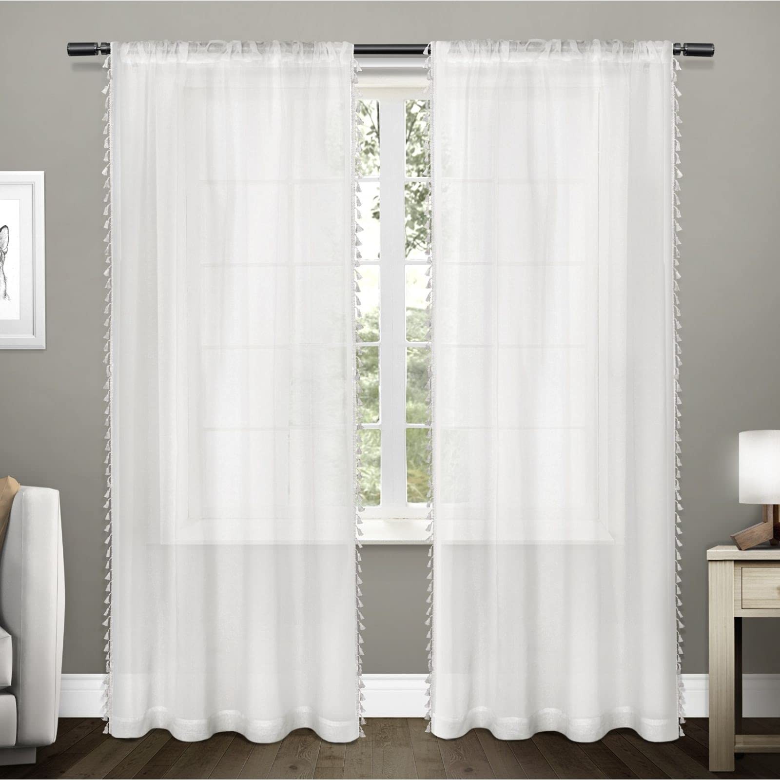 EXCLUSIVE HOME Tassels Embellished Sheer Rod Pocket Curtain Panel Pair, 54″x84″,