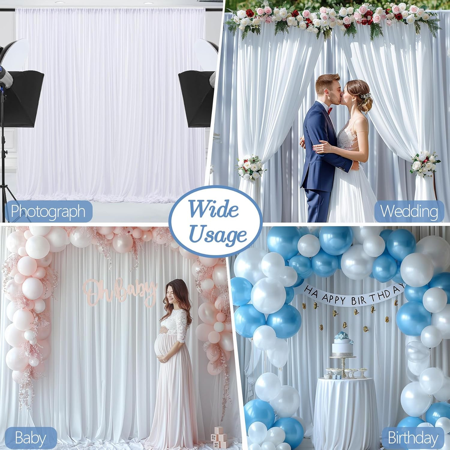 30X10Ft Wrinkle Free White Backdrop Curtain for Parties Soft Fabric Drapes Weddi