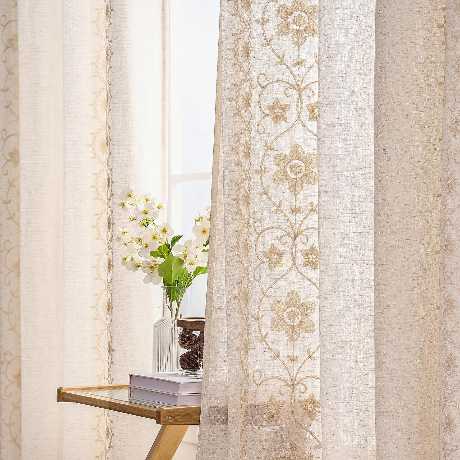 Boho Curtains 2 Panels for Living Room Ivory Vintage Floral Embroidered