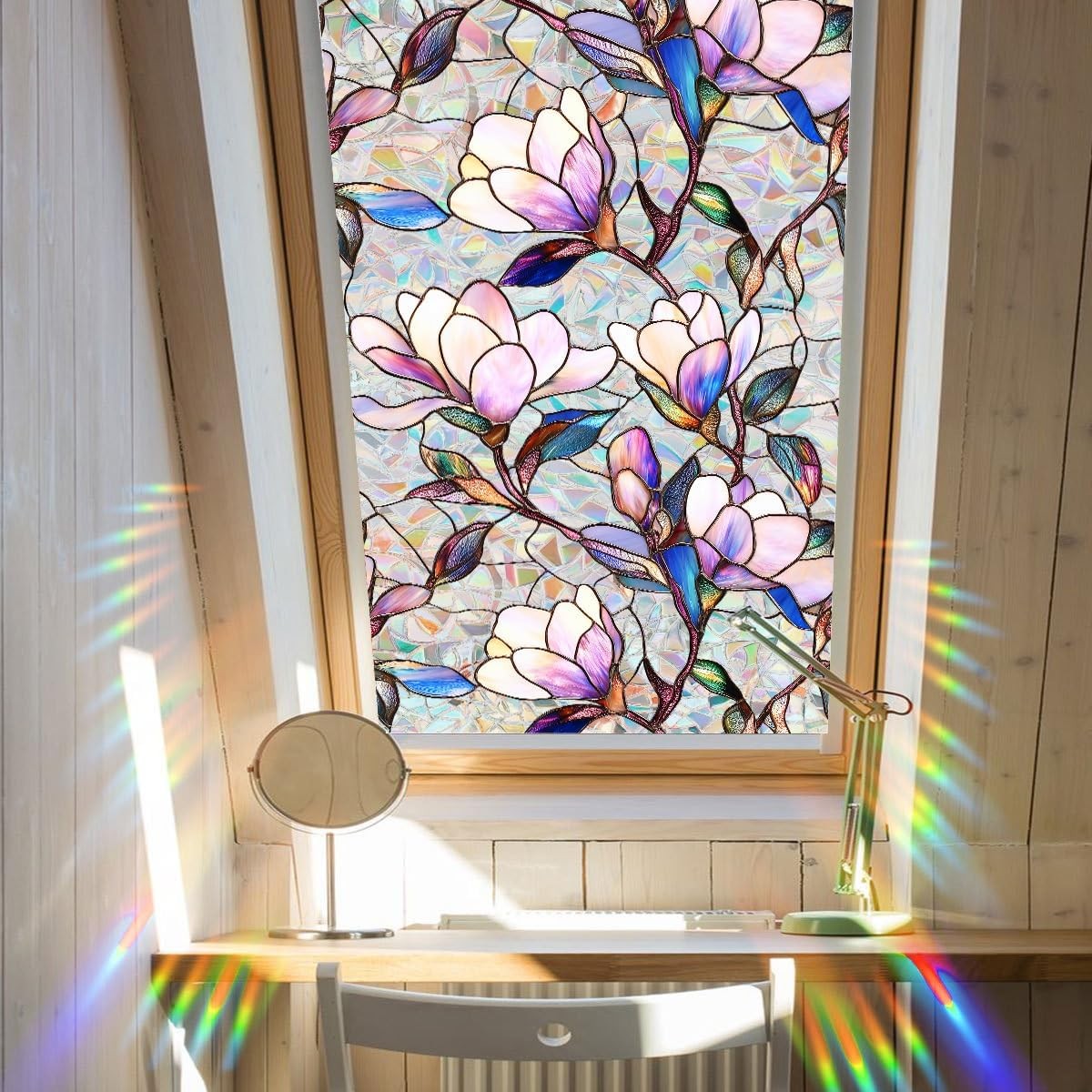 Flower Stained Glass Window Film Decorative Static Cling Stickers Sun Blocking R