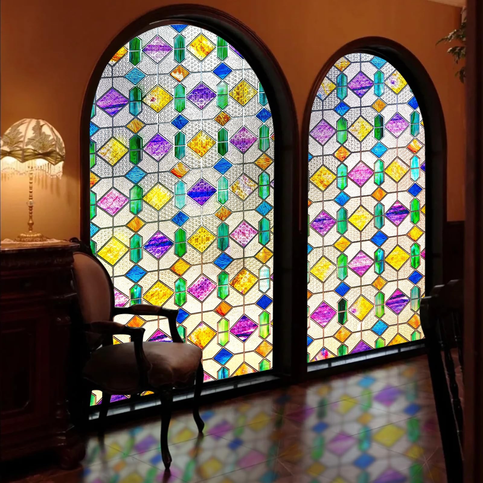 Window Privacy Film Stained Glass Rainbow 16.9 x 39.4 inch Peel and Stick