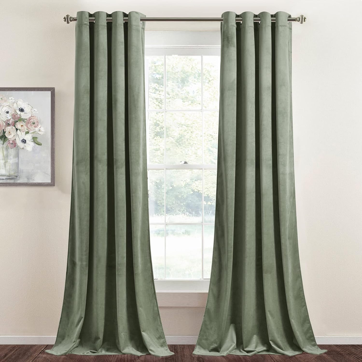 Super Soft Velvet Sage Green Curtains 108″ Long, 2 Panels for Privacy