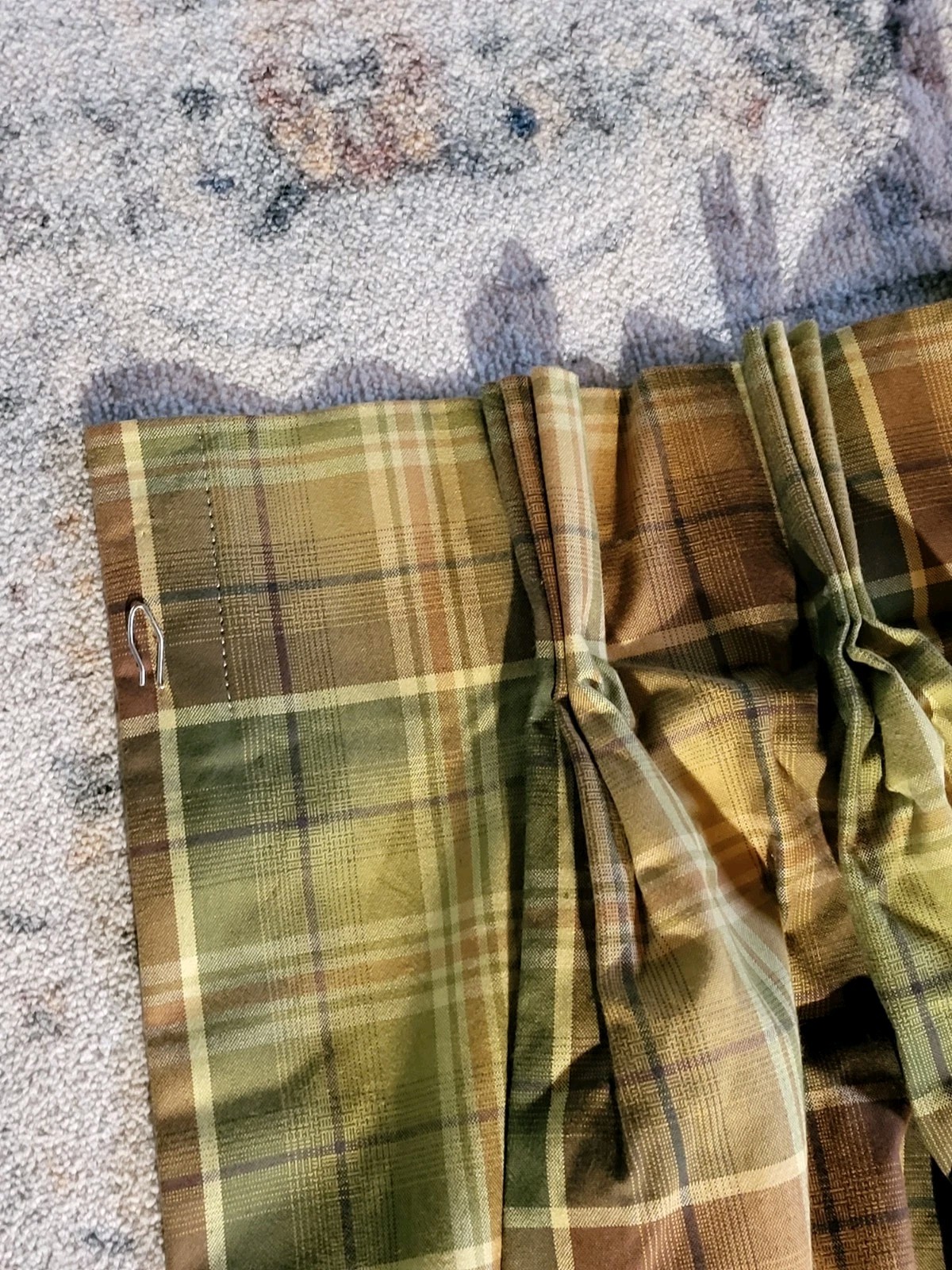CUSTOM LONG LINED PLAID TARTAN PLEATED PINCHED DRAPES GREEN BROWN, EXCELLENT