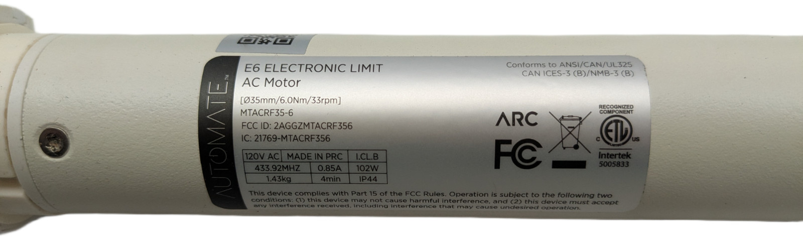 RollEase Automate E6 35mm Tubular Motor MTACRF35-6 Roller Shade