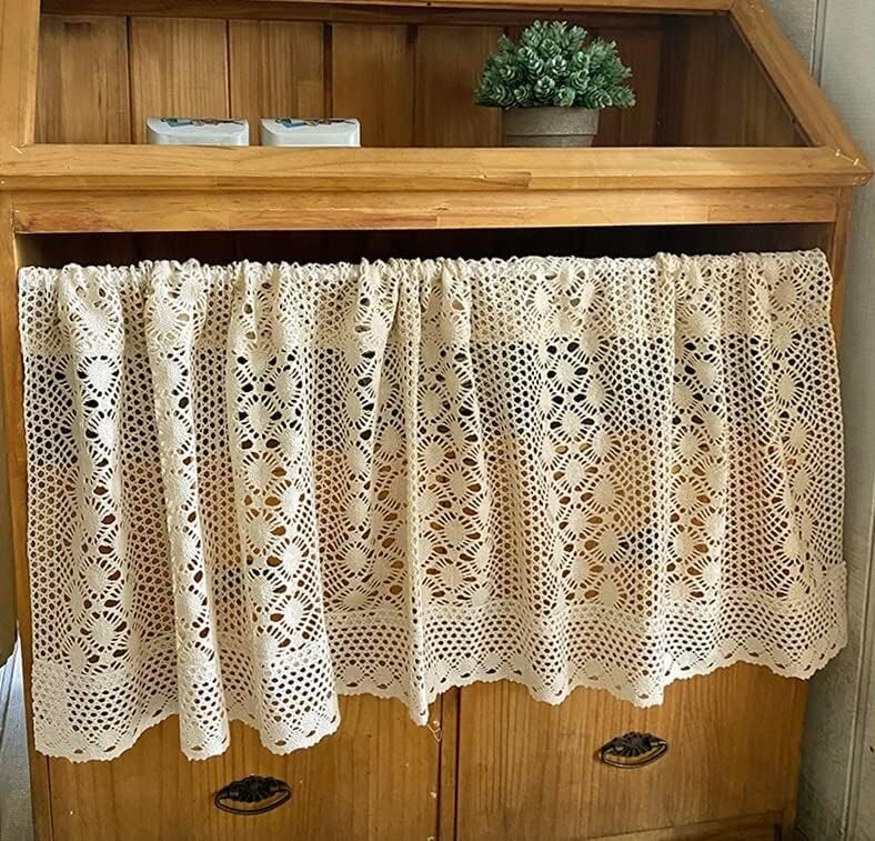 Boho Crochet Floral Lace Kitchen Window Curtains Cafe Tiers w/ Tassel Rod Pocket