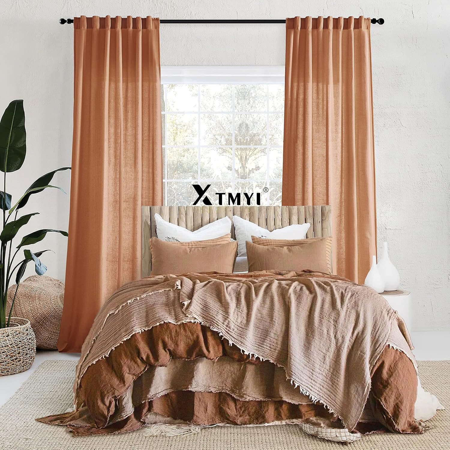 XTMYI Terracotta Vintage Boho Curtains, Rust Colored Linen Sheer Rustic Farmhous