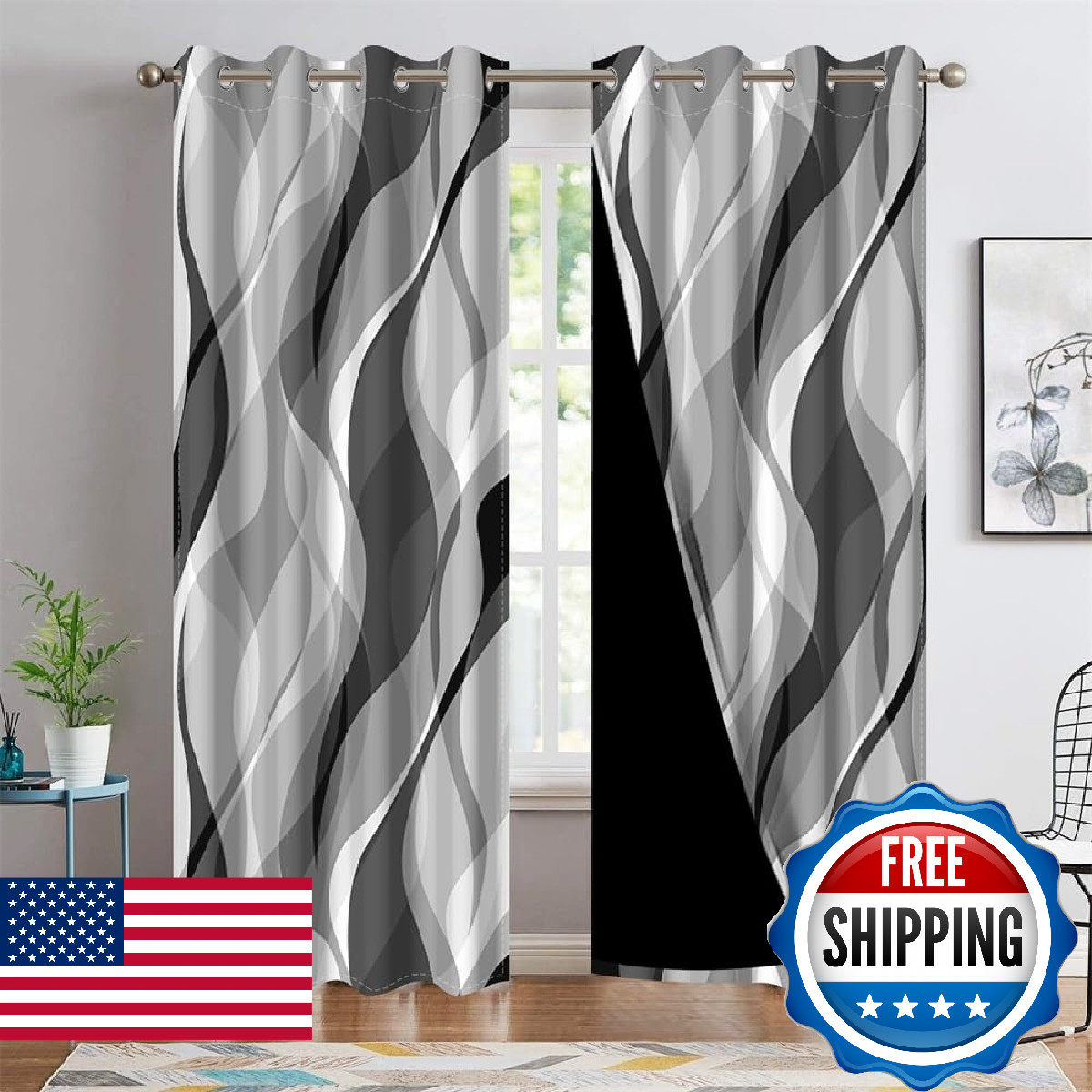 DORCEV Modern Abstract Grey Striped Blackout Curtains Black and Grey Ombre Windo