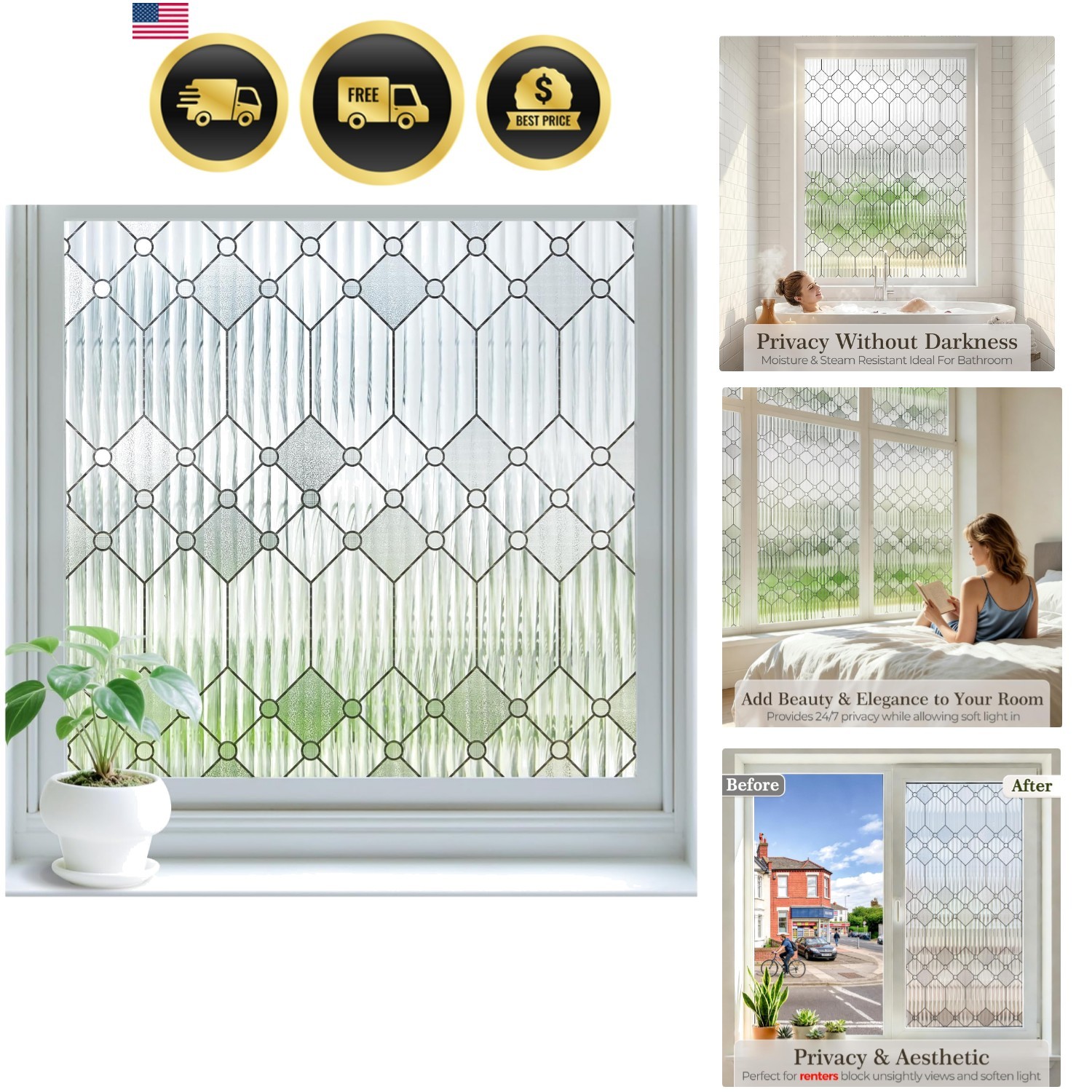 Reeded Glass Window Privacy Film, Frosted Glass Window Film for Bathroom & Fr…
