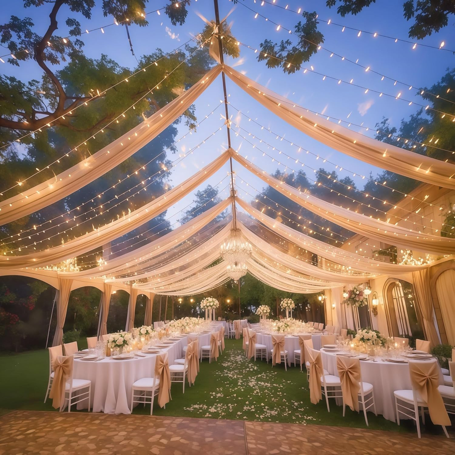 10Ft Champagne Ceiling Drapes w Lights – 6 Panels for Wedding Arch Curtains