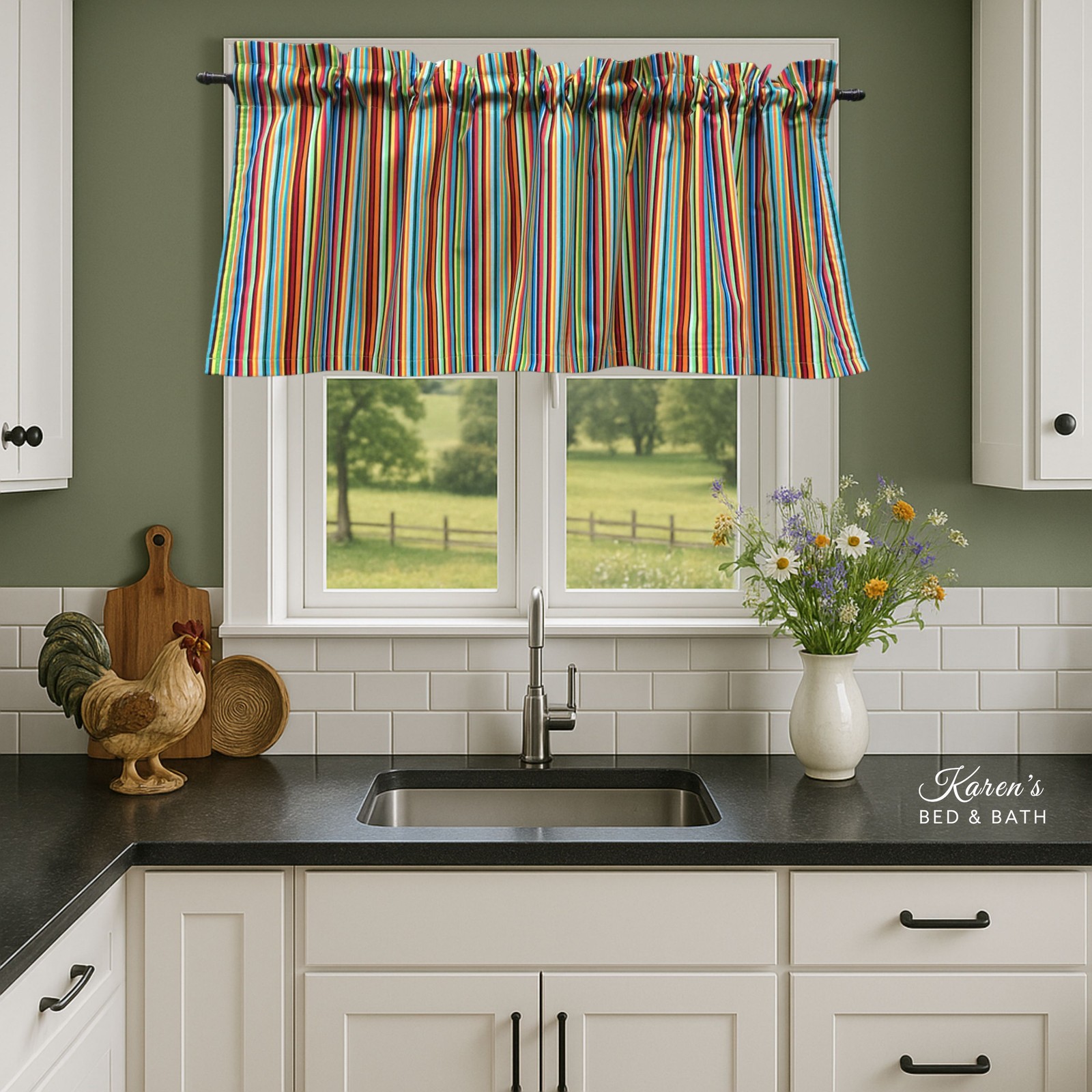 Handmade Multicolor Rainbow Stripe Kitchen Valance Rod Pocket Header Cotton USA