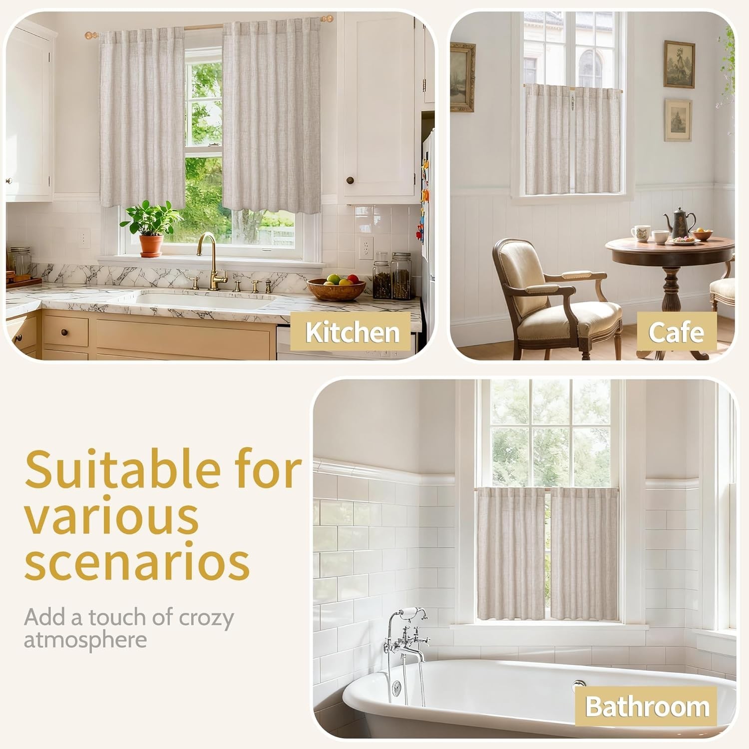 Curtains 40 Inches Long for Kitchen Cafe Window, 42″W x 40″L (Pack of 2) Linen