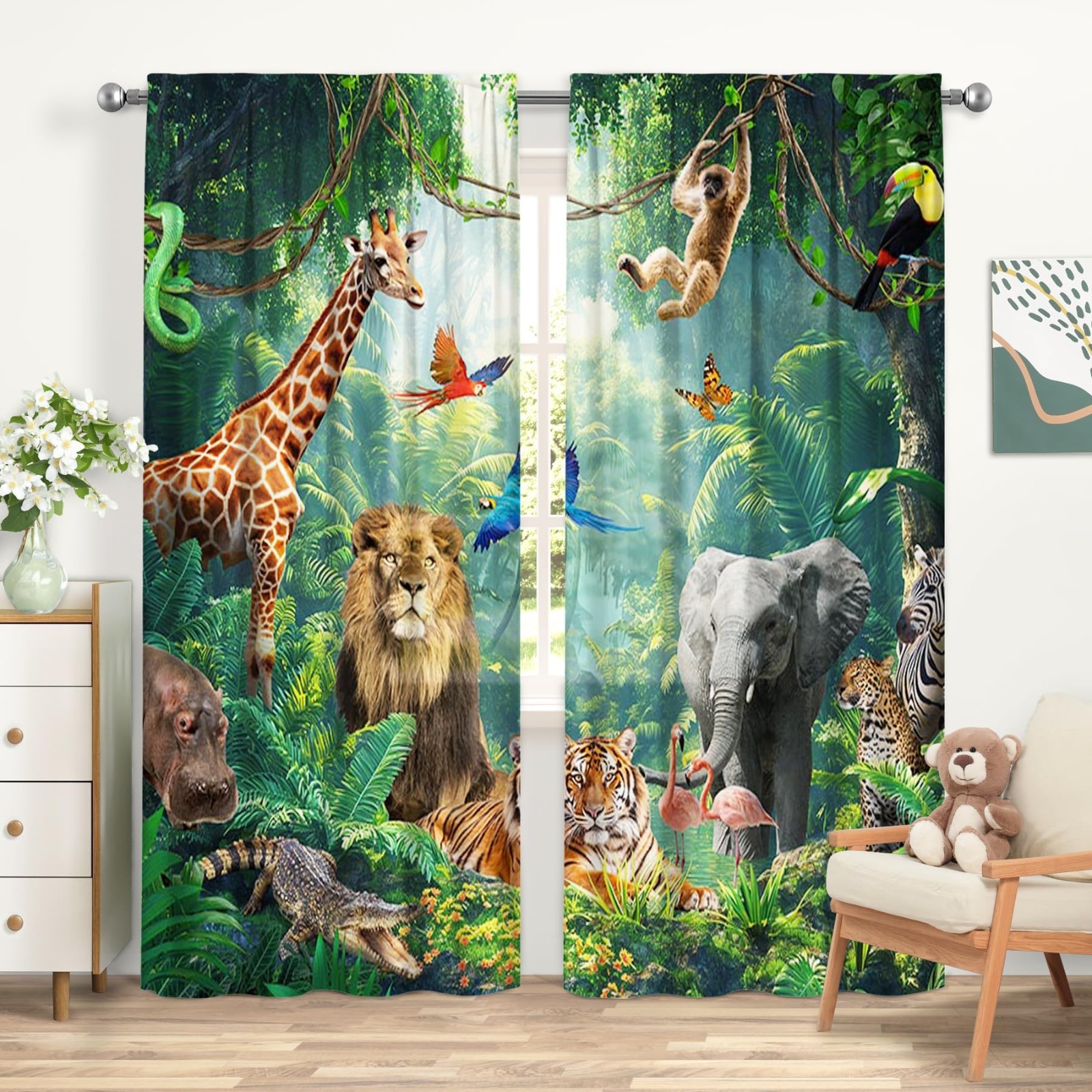 Rainforest Animals Window Curtains 52×85.5 Inch – Jungle Theme, Room Decor