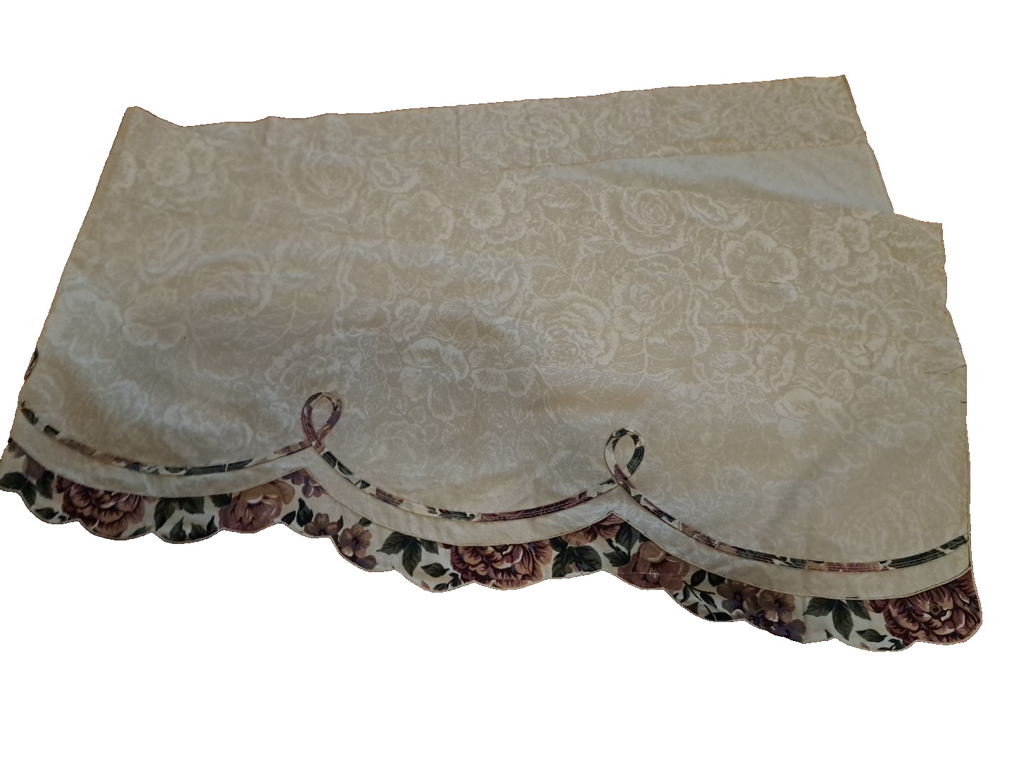 Beige Floral Valance W Pink Rose Trim Scalloped Ruffle Country Cottage 60×14