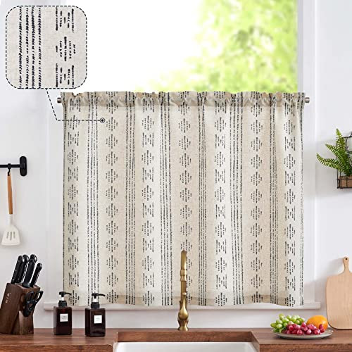 Boho Kitchen Curtain Linen Tier 50″W x 24″L (Pack of 1) Boho Black on Beige