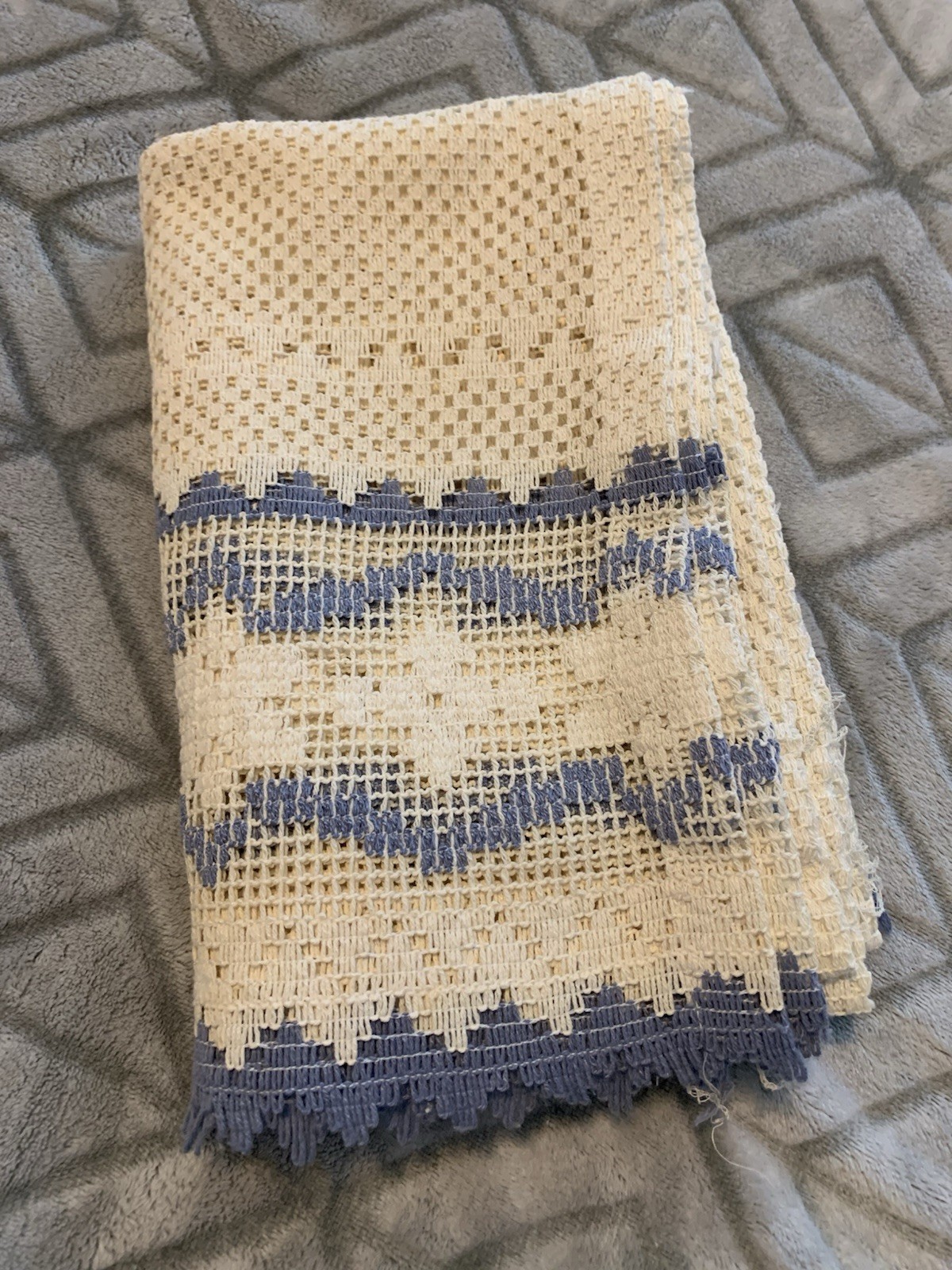 Vintage Crochet Beige And Blue Cotton Curtain 2 Panels 23” Long By 27” Wide
