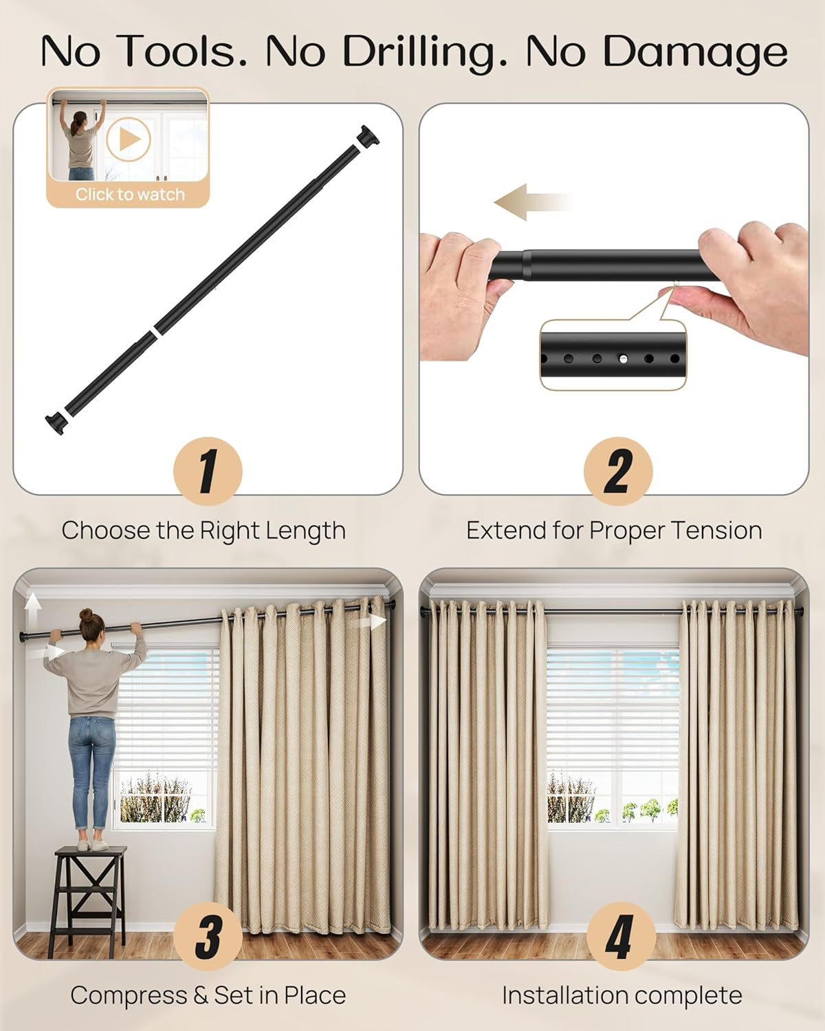 Extra Long Tension Curtain Rod No Drill by , 82–123 Inch Heavy Duty Tension Rod