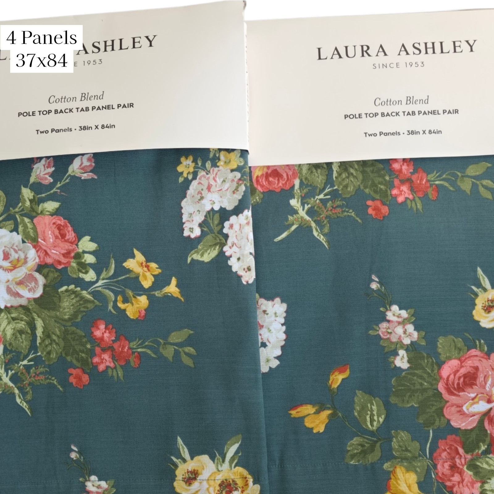Laura Ashley Set of 4 Floral Curtains 37×84 Green Rose Cotton Back Tab Panels