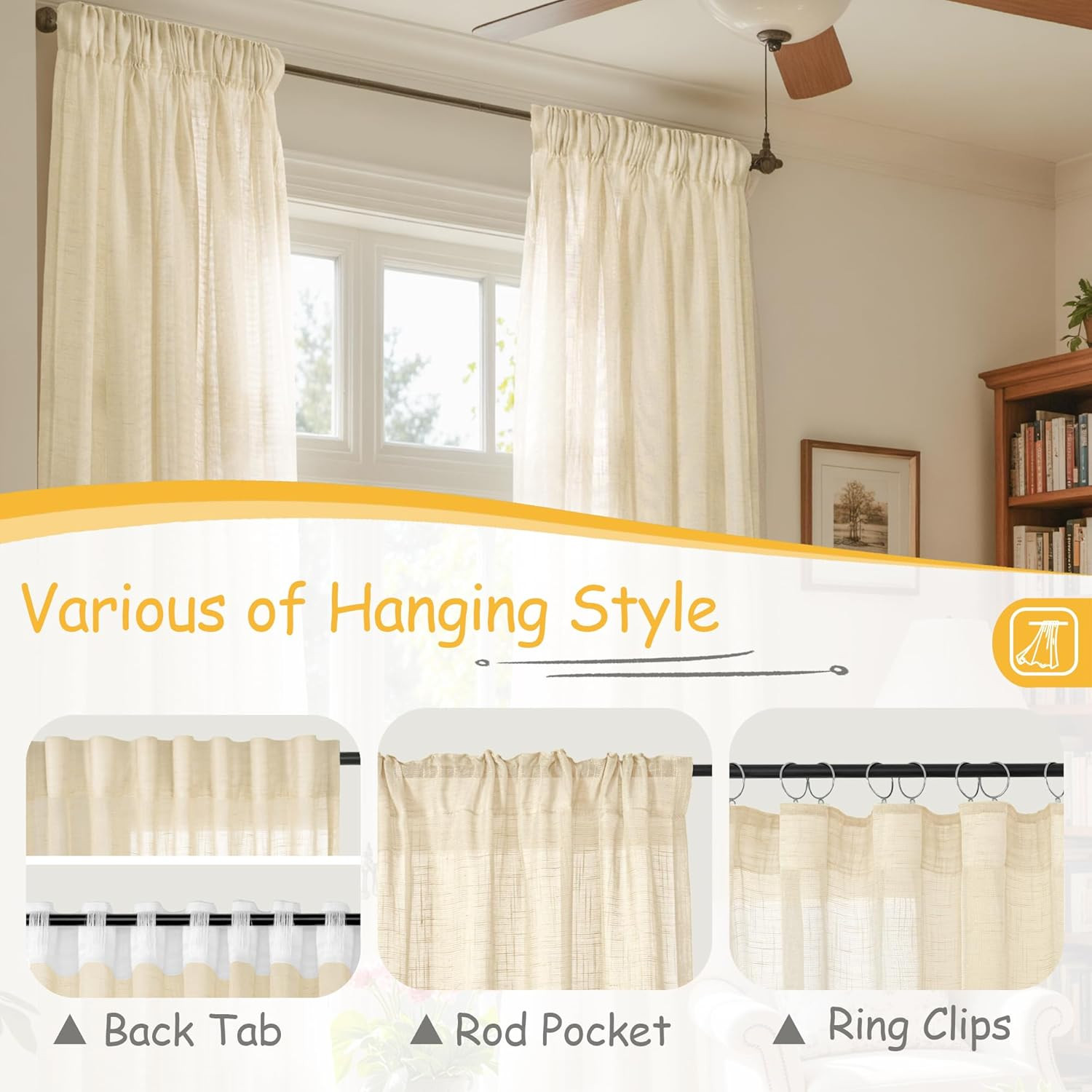 Linen Kitchen Window Curtains 40 Inch Length, Beige Cafe Drapes with Rod Pocket
