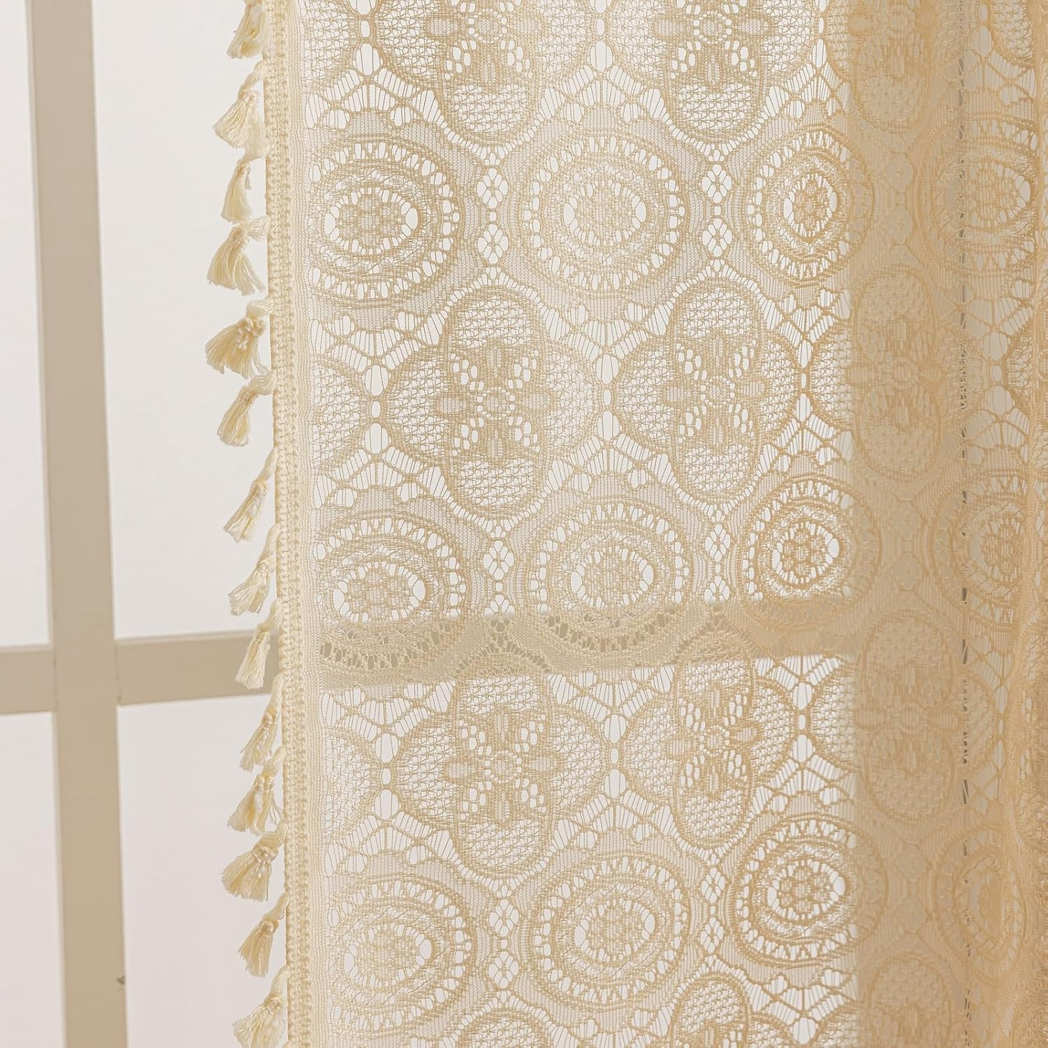 YJ YANJUN Boho Lace Curtains 24 inch Length 2 Panels, Vintage Floral Crochet She