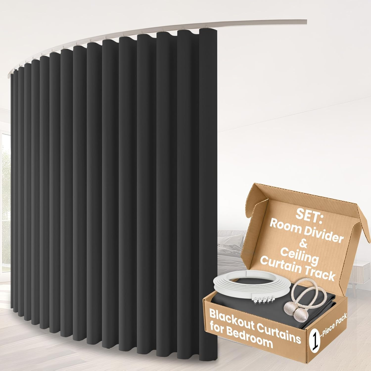 Extra Wide Blackout Curtain with Track Kit – Privacy Room Divider, Grey 8.5x7ft