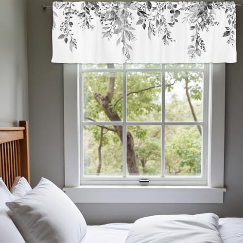 54x18Inch Botanical Leaves Kitchen Valances Black Watercolor Grey Eucalyptus