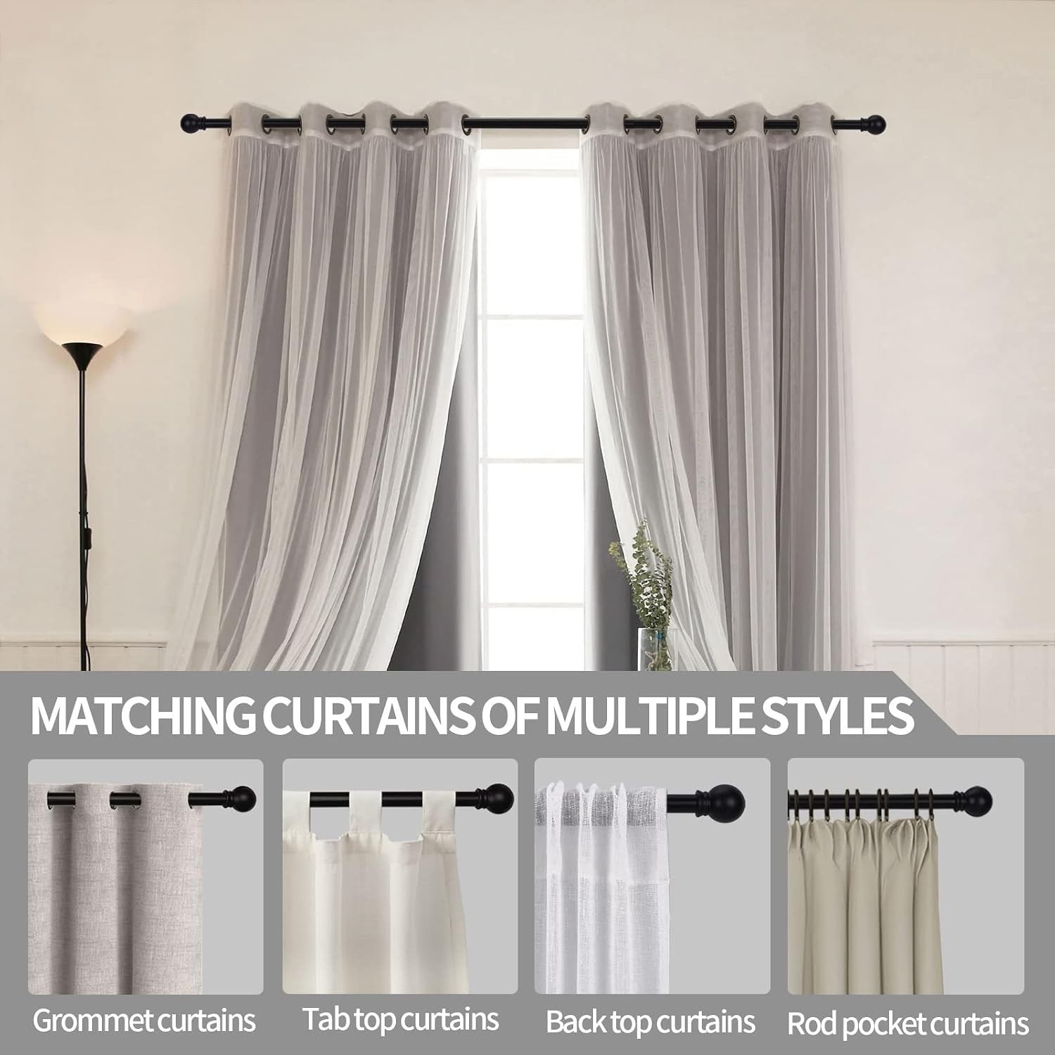 Curtain Rods for Windows 48 to 84-92 inch, 5/8″ Matte Black Curtain Rod,