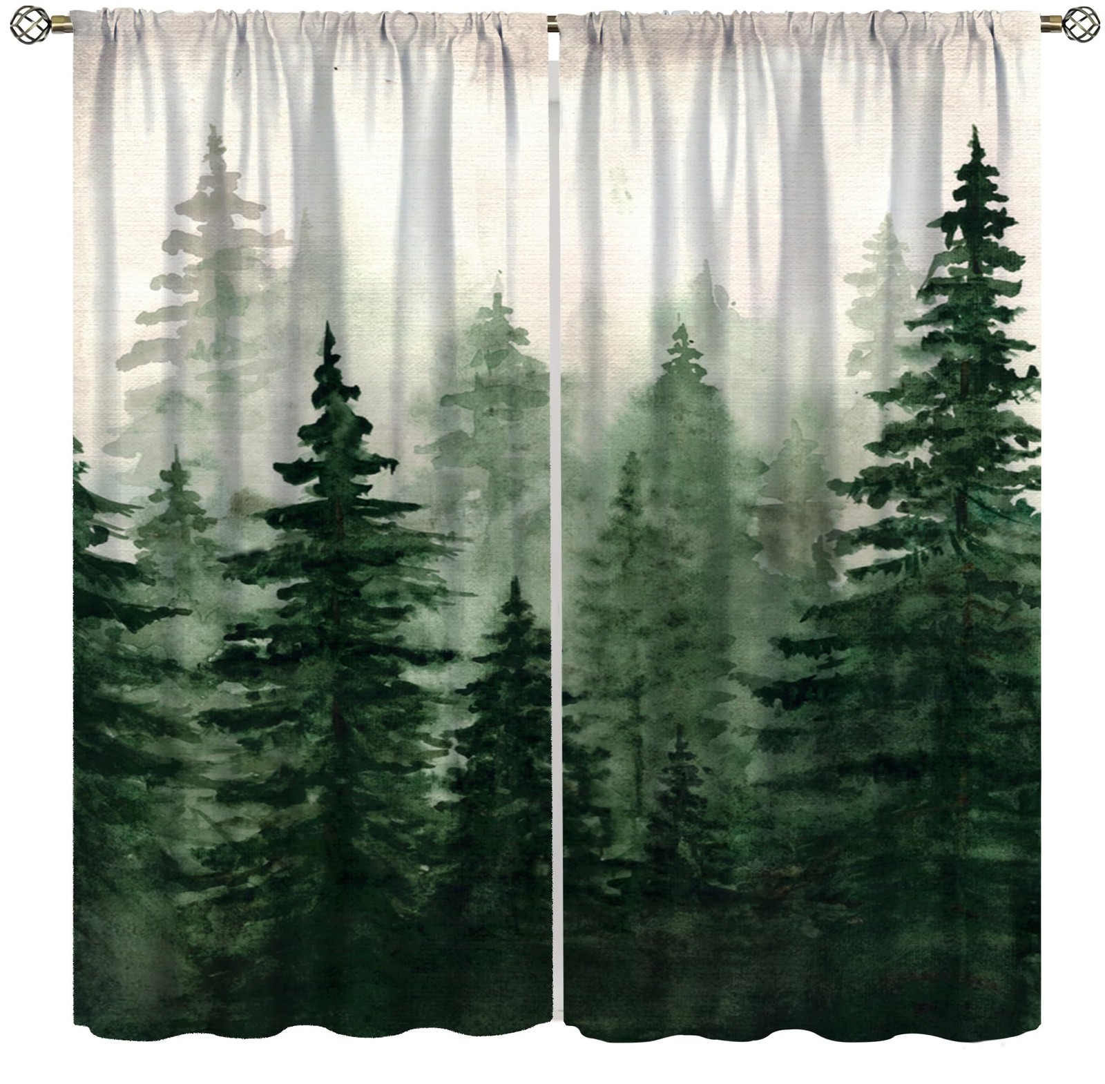 Forest Curtains for Kitchen,Vintage Rustic Watercolor Green Misty Nature Fore…
