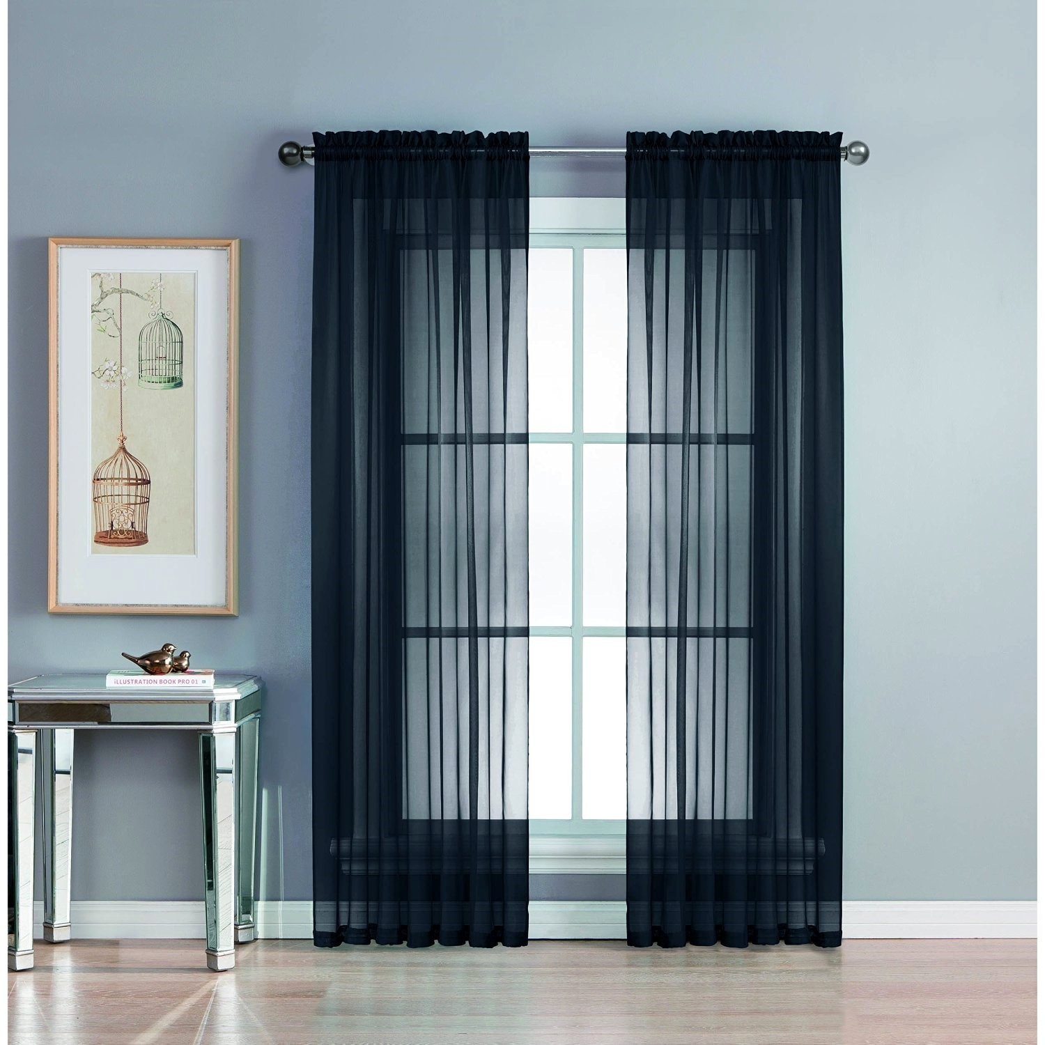 2 PC Solid Black Sheer Voile Rod Pocket Window Panel Curtain Drapes 55″W x 84″L