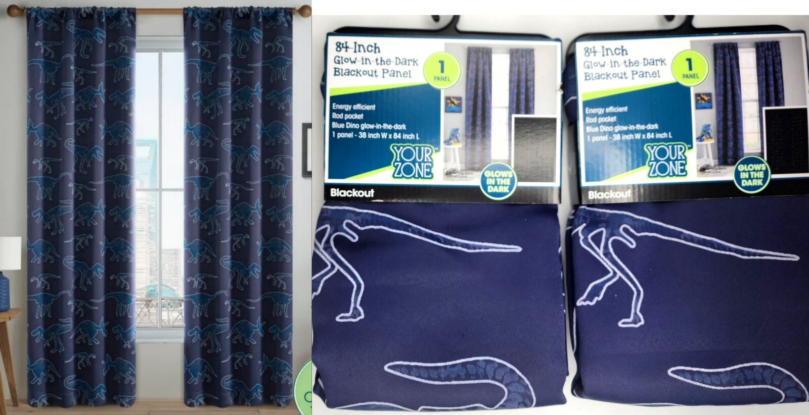 Dino Blackout Panel Pair (2) Glow in Dark Drapes Dinosaurs Satiny Navy Blue 84″